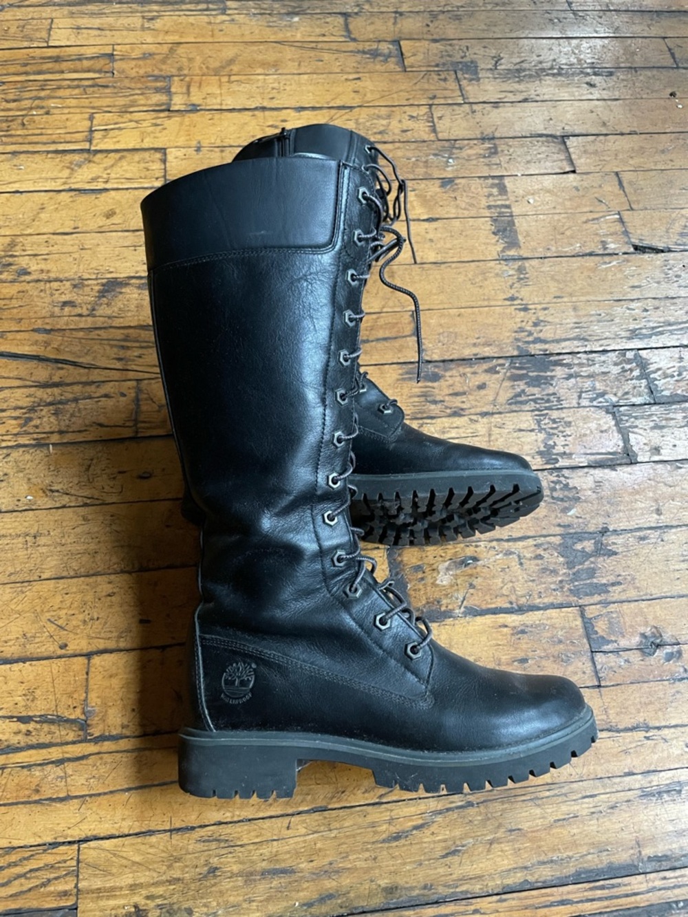 Timberland Black Leather Lace-Up Tall Combat Boots